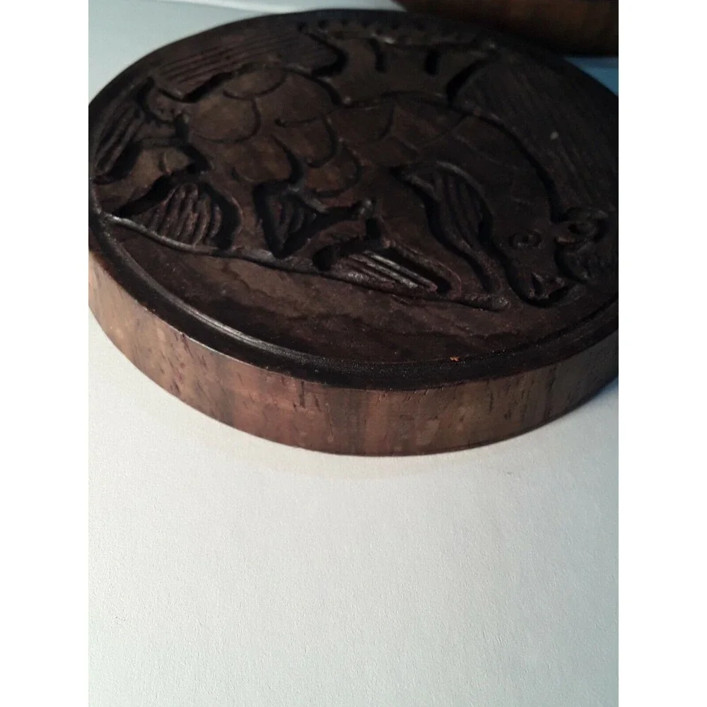 Drink Coaster Set,Wood Carved Set with Holder. African Animal Theme 7 Piece